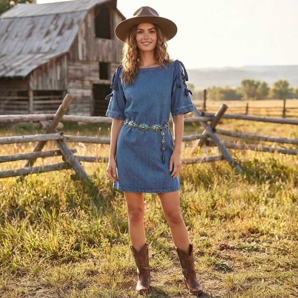 Maeve Denim Lace Up Shoulder Dress Small Shift Mini Western Boho Rodeo Cowgirl